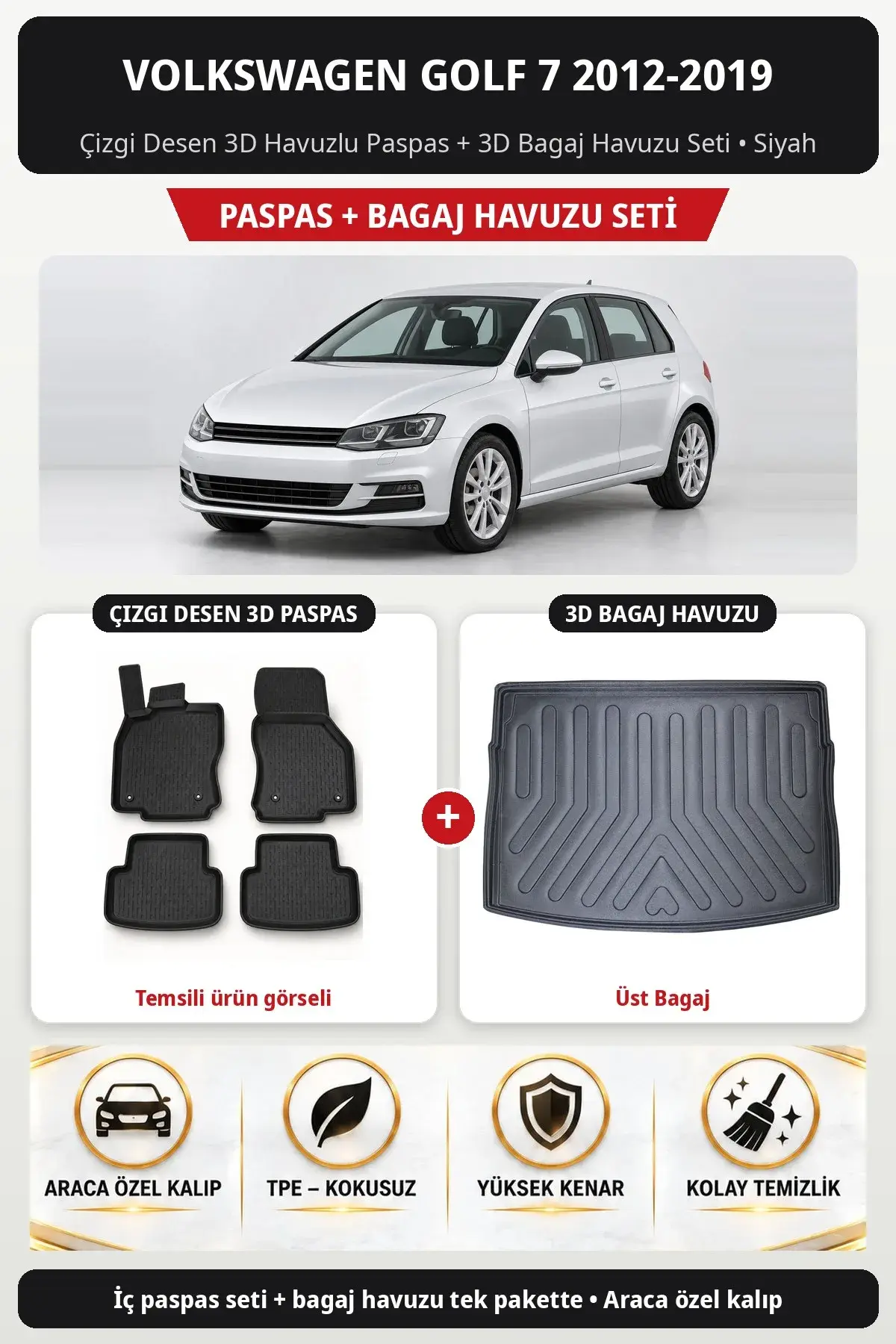 Volkswagen Golf 7 2012-2019 Çizgi Desen 3D Havuzlu Paspas + 3D Bagaj Havuzu Seti (Üst Bagaj) Siyah (1)