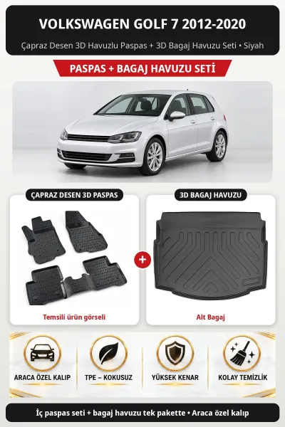 Volkswagen Golf 7 2012-2020 Çapraz Desen 3D Havuzlu Paspas + 3D Bagaj Havuzu Seti (Üst Bagaj) Siyah