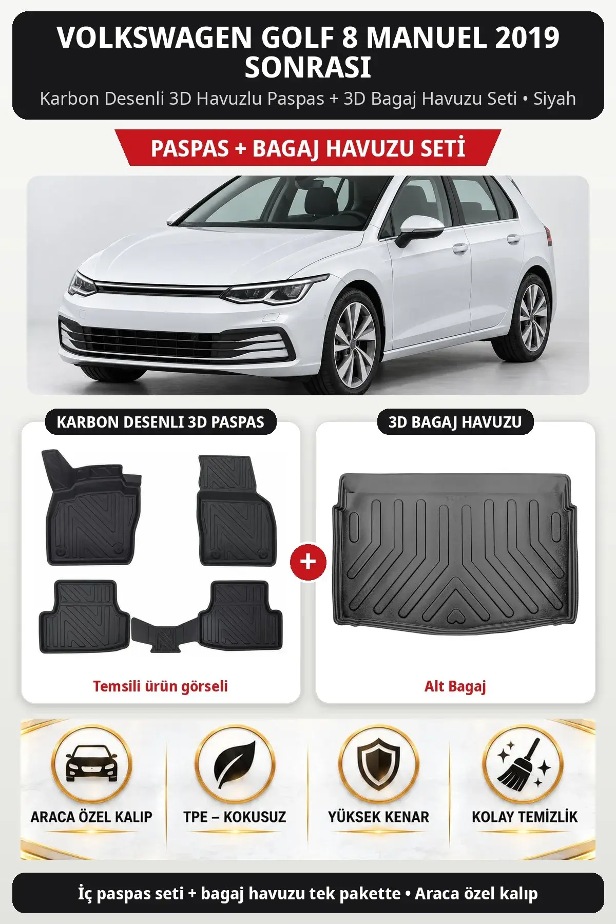 Volkswagen Golf 8 Manuel 2019 Sonrası Karbon Desenli 3D Paspas + Bagaj Havuzu Seti (Alt Bagaj) Siyah (1)
