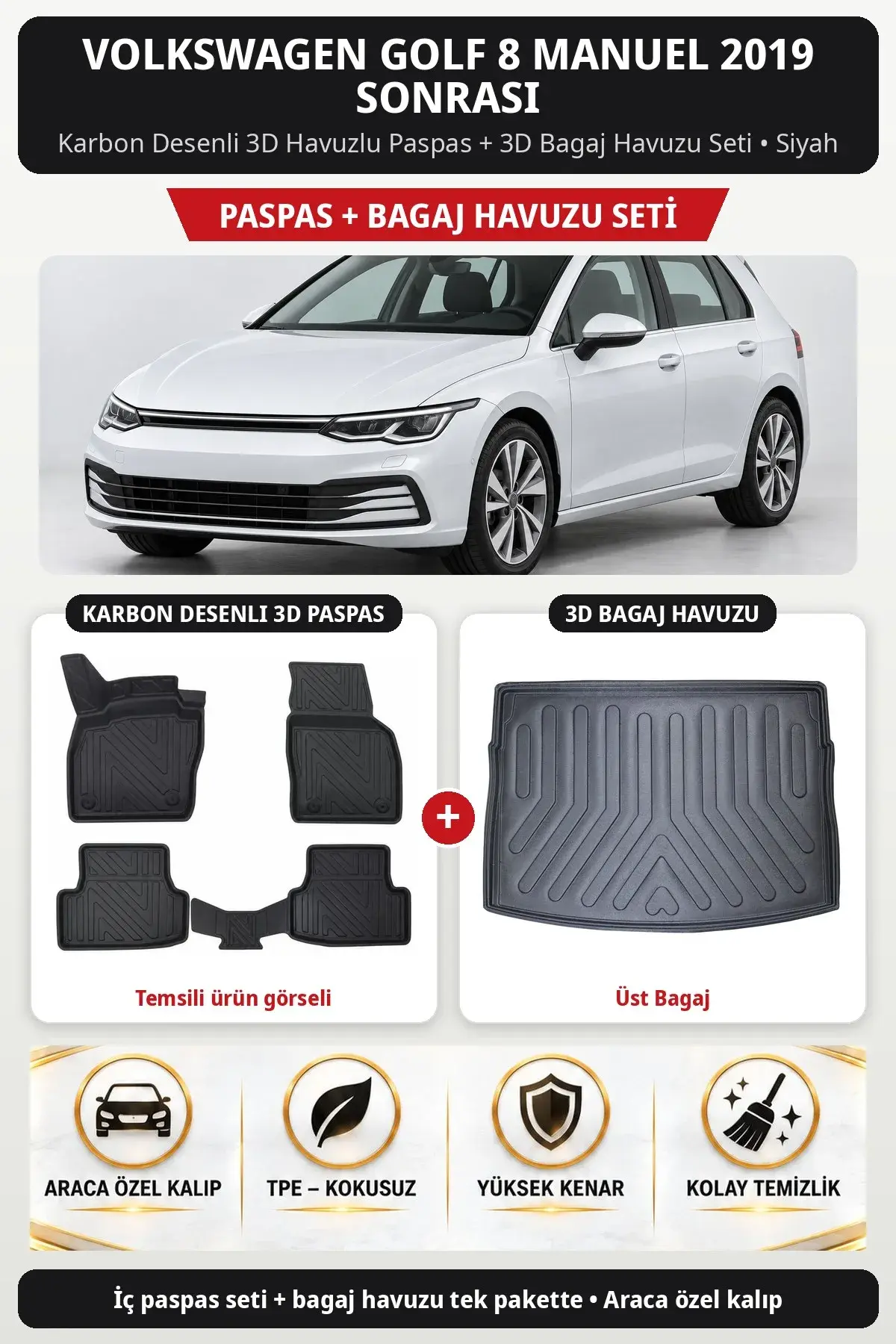 Volkswagen Golf 8 Manuel 2019 Sonrası Karbon Desenli 3D Paspas + Bagaj Havuzu Seti (Üst Bagaj) Siyah (1)