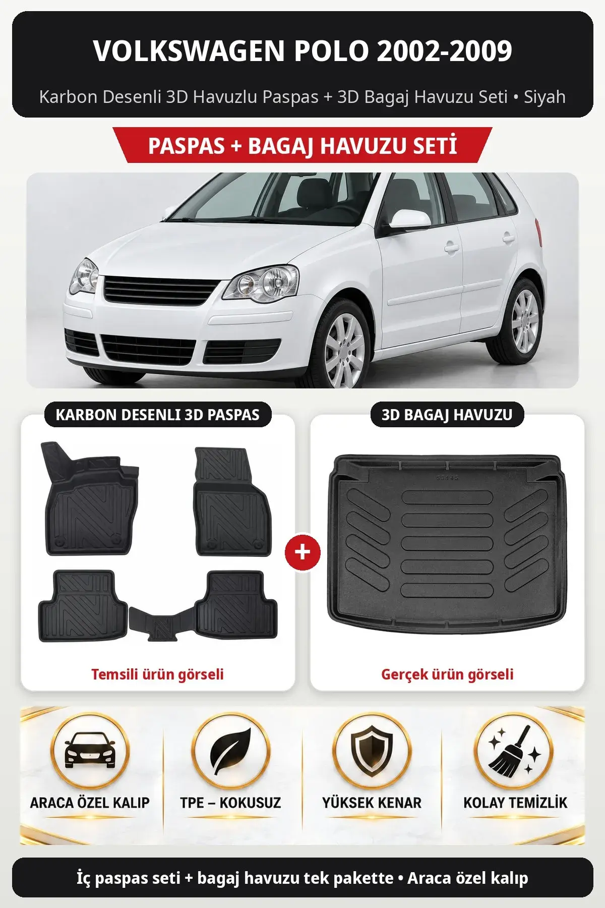Volkswagen Polo 2002-2009 Karbon Desenli 3D Havuzlu Paspas + 3D Bagaj Havuzu Seti Siyah (1)