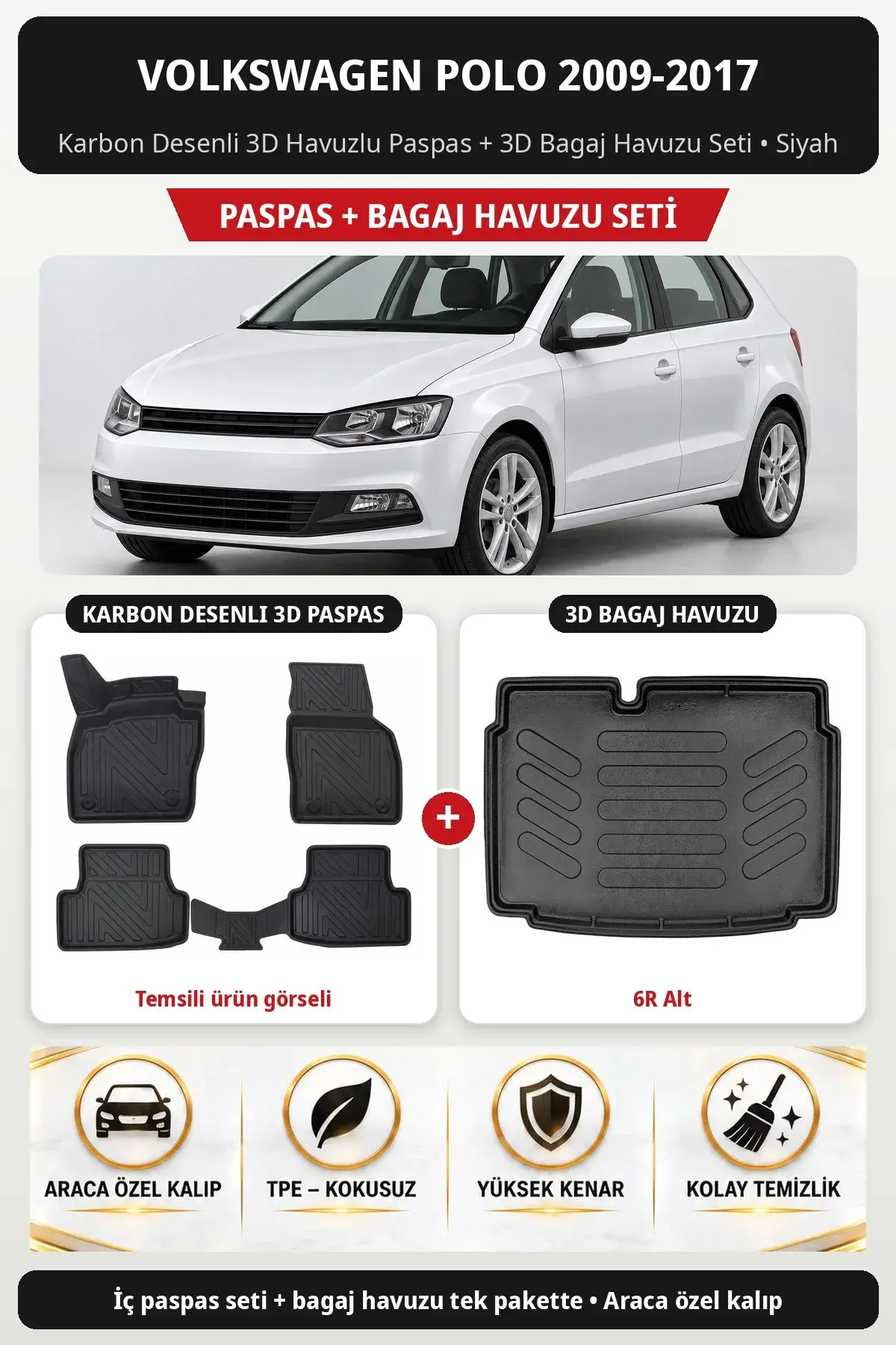 Volkswagen Polo 2009-2017 Karbon Desenli 3D Havuzlu Paspas + 3D Bagaj Havuzu Seti (6R Alt) Siyah (1)