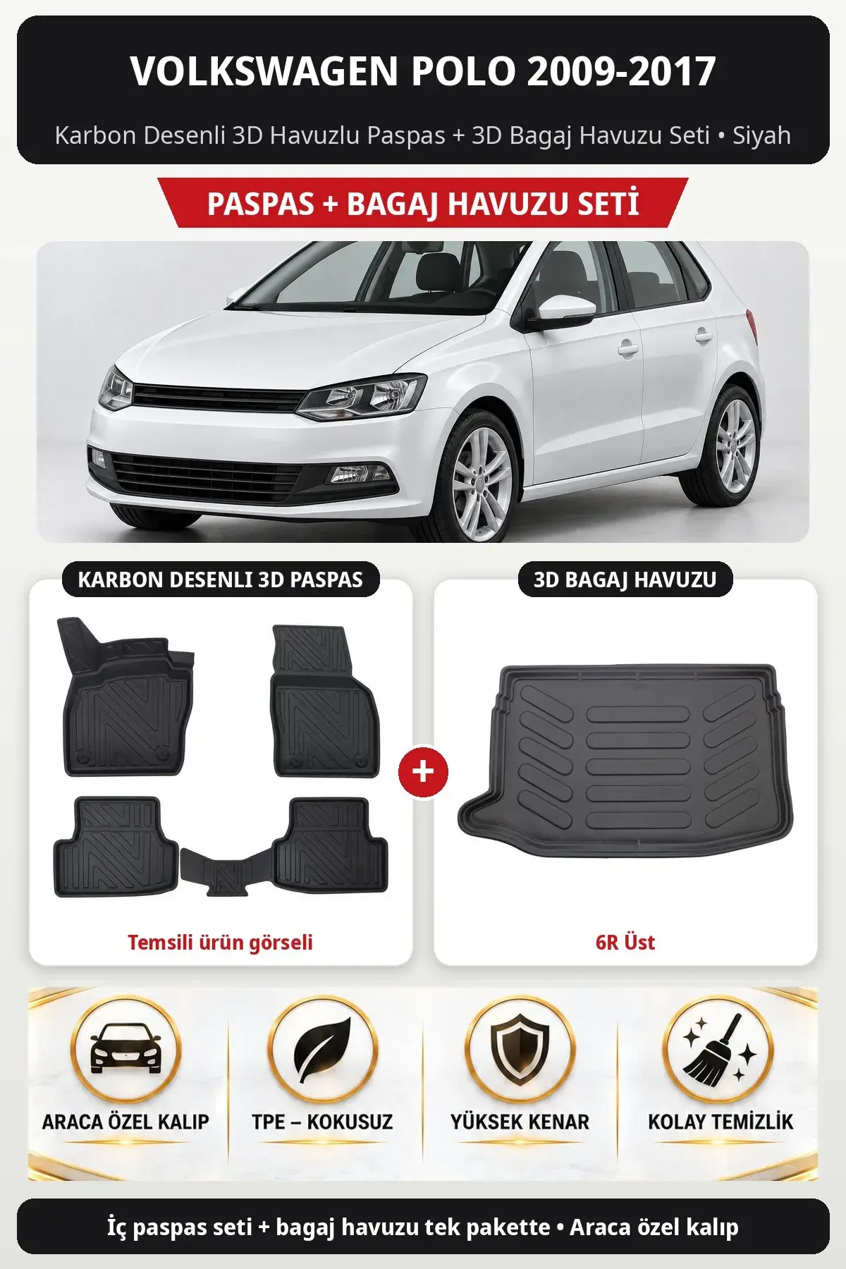 Volkswagen Polo 2009-2017 Karbon Desenli 3D Havuzlu Paspas + 3D Bagaj Havuzu Seti (6R Üst) Siyah (1)