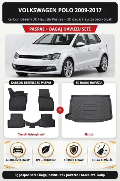 Volkswagen Polo 2009-2017 Karbon Desenli 3D Havuzlu Paspas + 3D Bagaj Havuzu Seti (6R Üst) Siyah