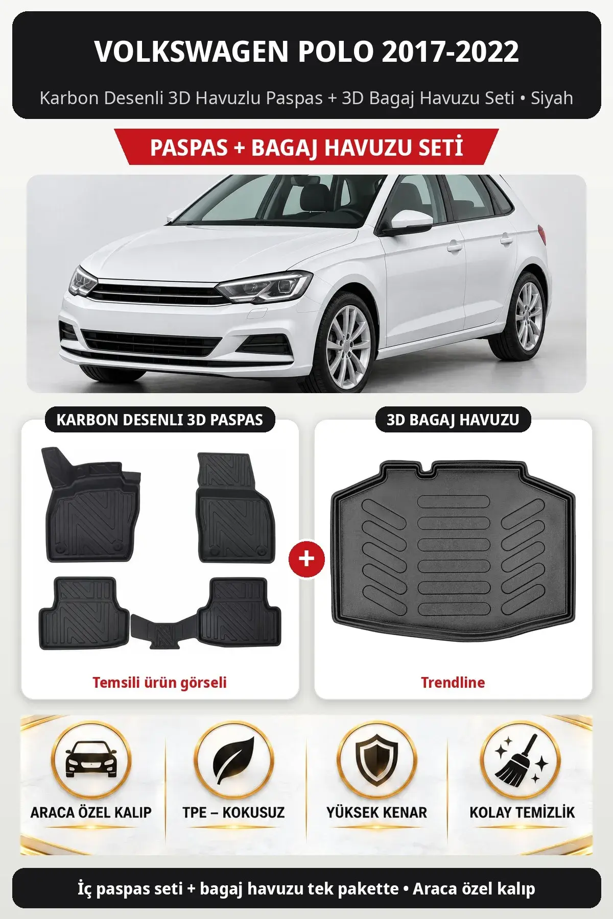Volkswagen Polo 2017-2022 Karbon Desenli 3D Havuzlu Paspas + 3D Bagaj Havuzu Seti (Trendline) Siyah (1)