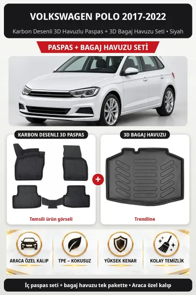 Volkswagen Polo 2017-2022 Karbon Desenli 3D Havuzlu Paspas + 3D Bagaj Havuzu Seti (Trendline) Siyah