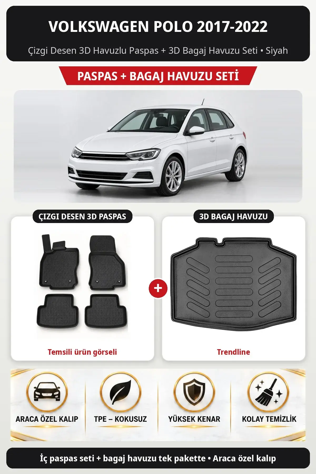 Volkswagen Polo 2017-2022 Çizgi Desen 3D Havuzlu Paspas + 3D Bagaj Havuzu Seti (Trendline) Siyah (1)