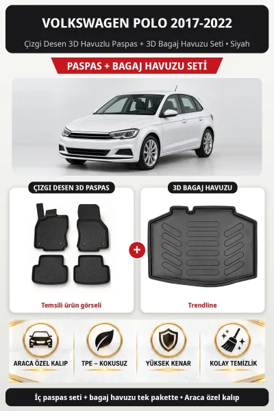 Volkswagen Polo 2017-2022 Çizgi Desen 3D Havuzlu Paspas + 3D Bagaj Havuzu Seti (Trendline) Siyah