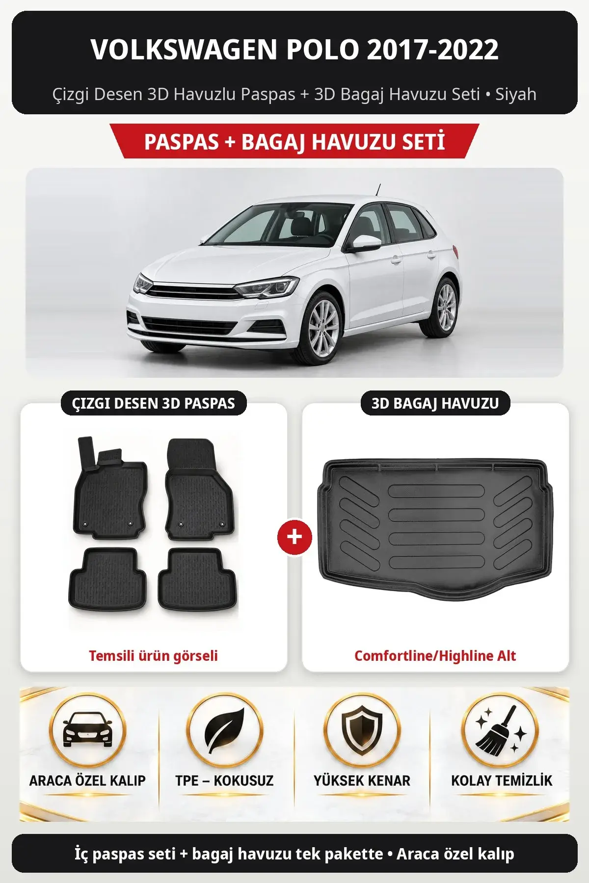 Volkswagen Polo 2017-2022 Çizgi Desen 3D Paspas + Bagaj Havuzu Seti (Comfortline/Highline Alt) Siyah (1)