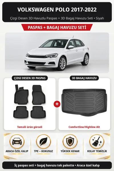Volkswagen Polo 2017-2022 Çizgi Desen 3D Paspas + Bagaj Havuzu Seti (Comfortline/Highline Alt) Siyah
