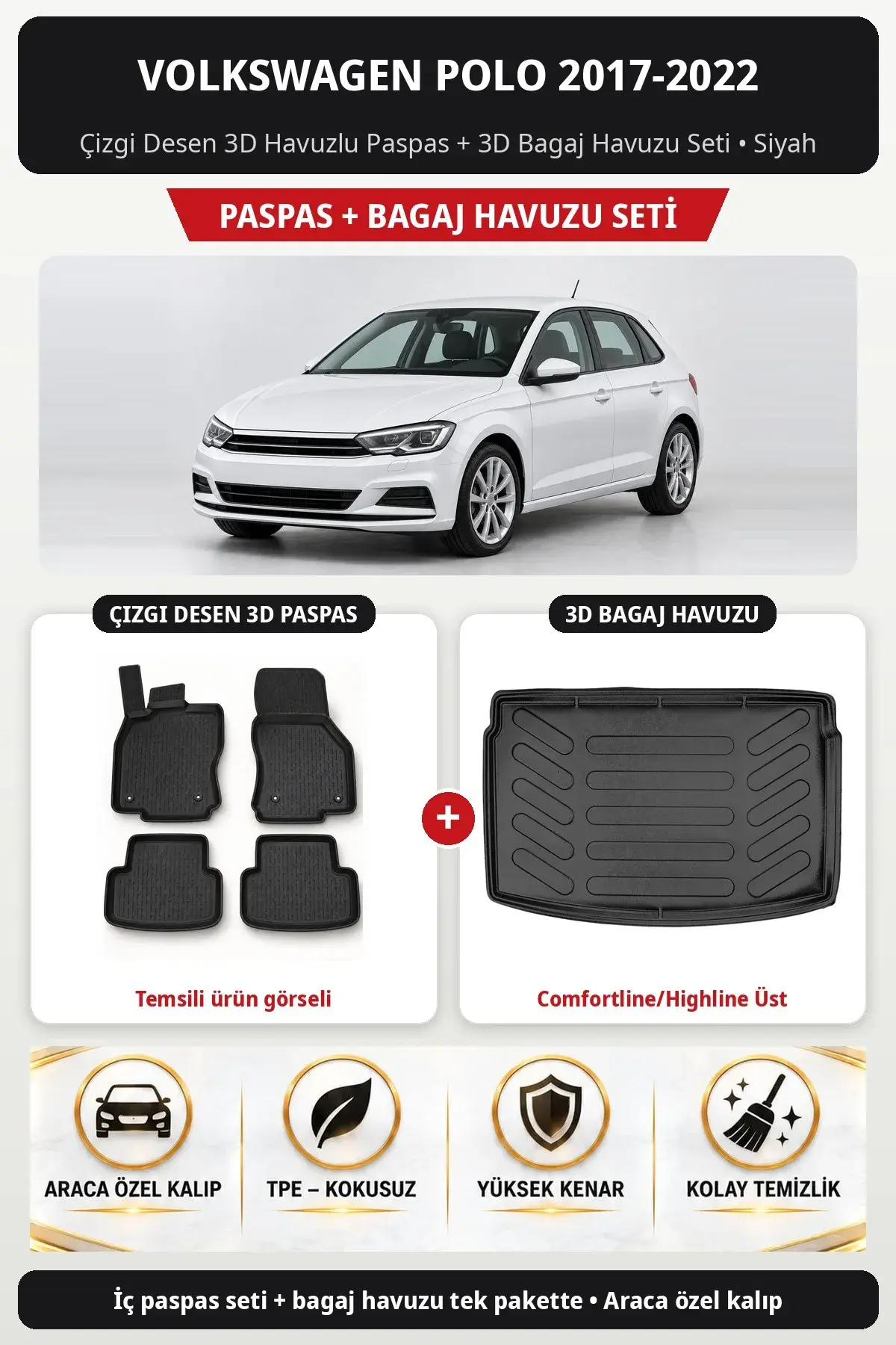 Volkswagen Polo 2017-2022 Çizgi Desen 3D Paspas + Bagaj Havuzu Seti (Comfortline/Highline Üst) Siyah (1)