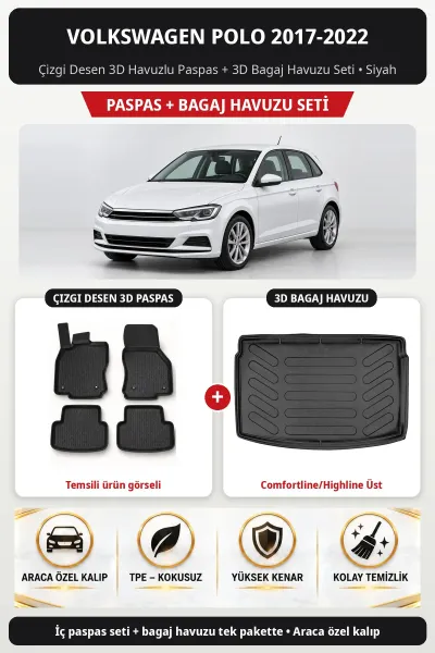 Volkswagen Polo 2017-2022 Çizgi Desen 3D Paspas + Bagaj Havuzu Seti (Comfortline/Highline Üst) Siyah