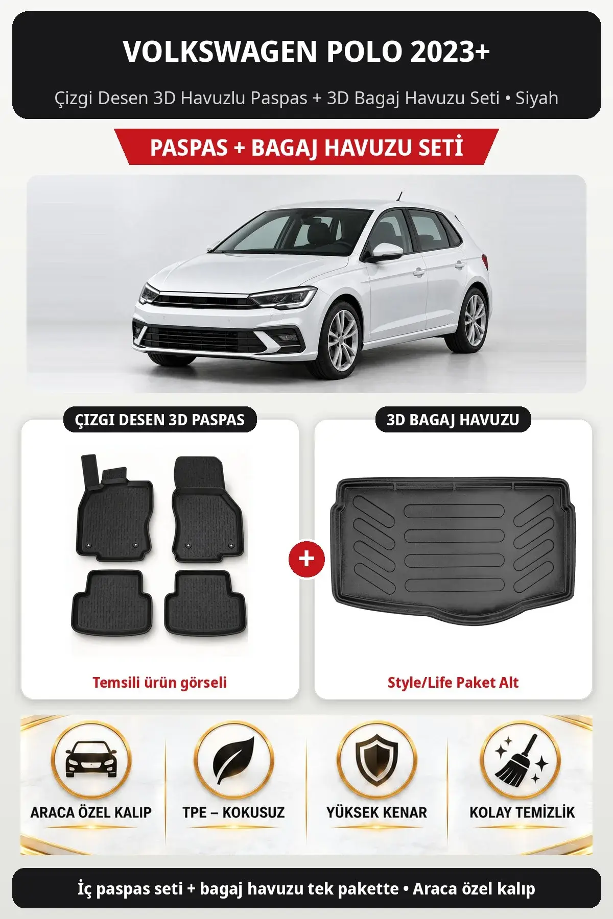 Volkswagen Polo 2023+ Çizgi Desen 3D Paspas + Bagaj Havuzu Seti (Style/Life Paket Alt) Siyah (1)