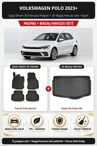 Volkswagen Polo 2023+ Çizgi Desen 3D Paspas + Bagaj Havuzu Seti (Style/Life Paket Alt) Siyah