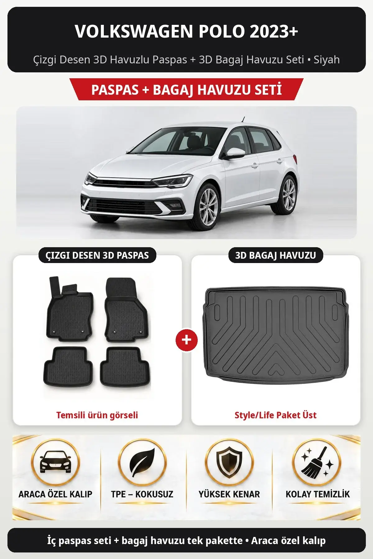 Volkswagen Polo 2023+ Çizgi Desen 3D Paspas + Bagaj Havuzu Seti (Style/Life Paket Üst) Siyah (1)