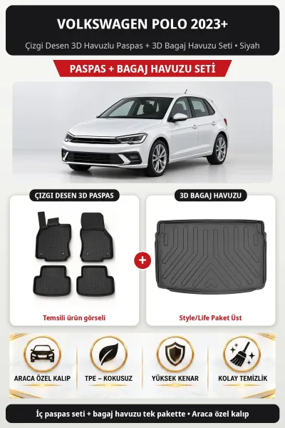 Volkswagen Polo 2023+ Çizgi Desen 3D Paspas + Bagaj Havuzu Seti (Style/Life Paket Üst) Siyah