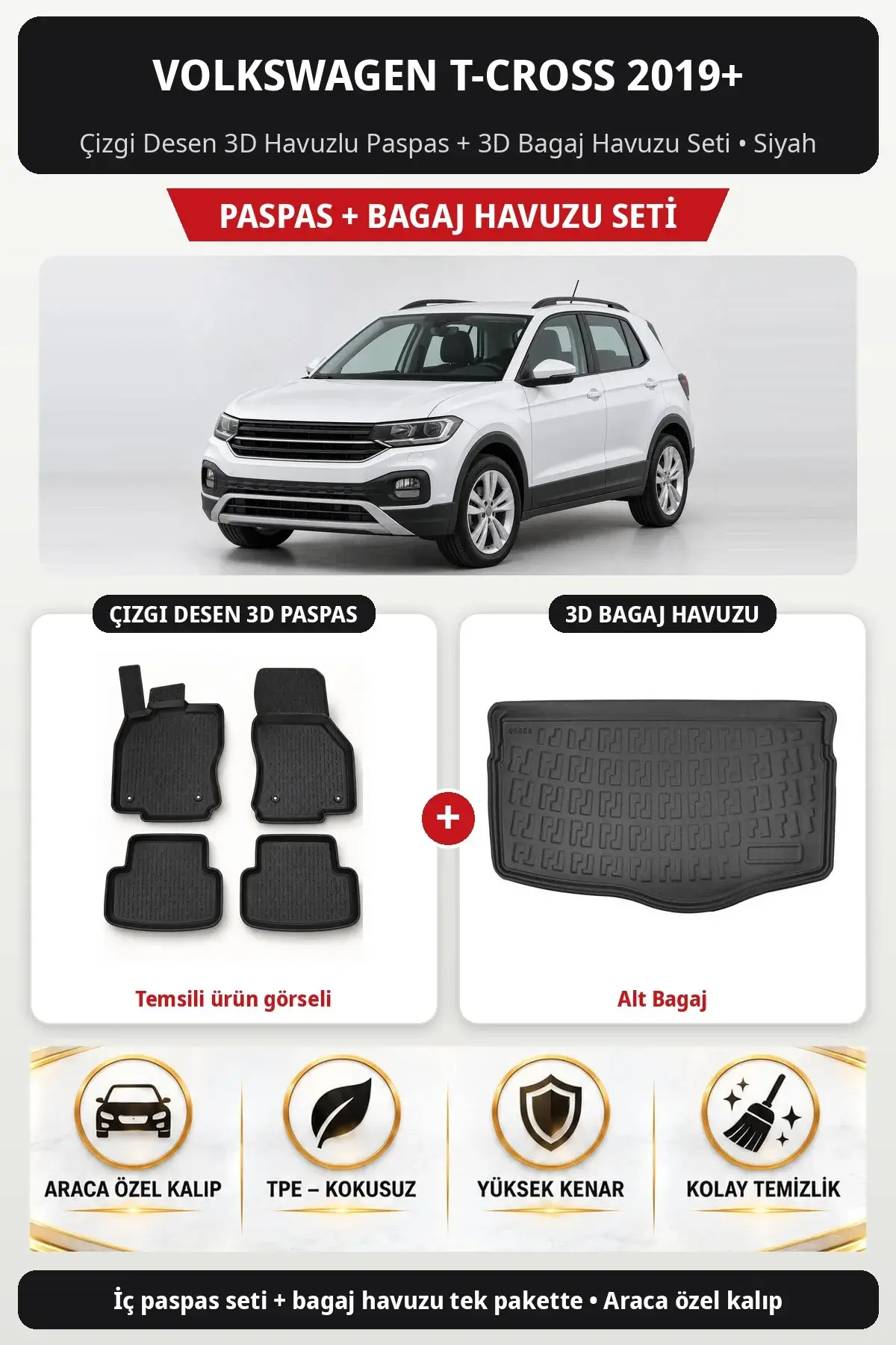 Volkswagen T-Cross 2019+ Çizgi Desen 3D Havuzlu Paspas + 3D Bagaj Havuzu Seti (Alt Bagaj) Siyah (1)