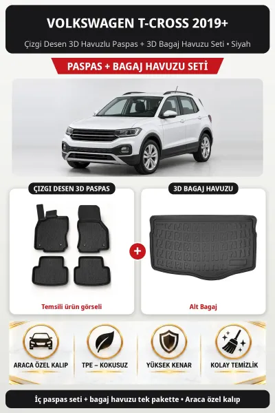 Volkswagen T-Cross 2019+ Çizgi Desen 3D Havuzlu Paspas + 3D Bagaj Havuzu Seti (Alt Bagaj) Siyah