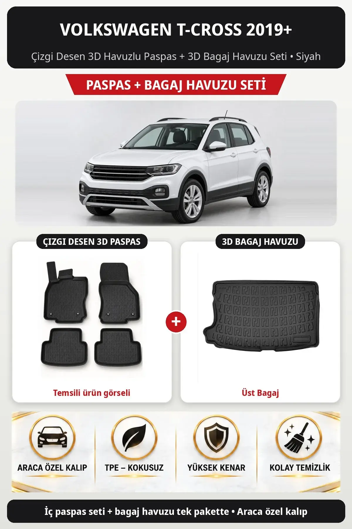 Volkswagen T-Cross 2019+ Çizgi Desen 3D Havuzlu Paspas + 3D Bagaj Havuzu Seti (Üst Bagaj) Siyah (1)