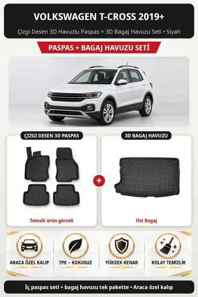 Volkswagen T-Cross 2019+ Çizgi Desen 3D Havuzlu Paspas + 3D Bagaj Havuzu Seti (Üst Bagaj) Siyah
