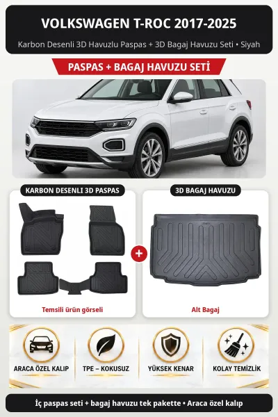 Volkswagen T-Roc 2017-2025 Karbon Desenli 3D Havuzlu Paspas + 3D Bagaj Havuzu Seti (Alt Bagaj) Siyah
