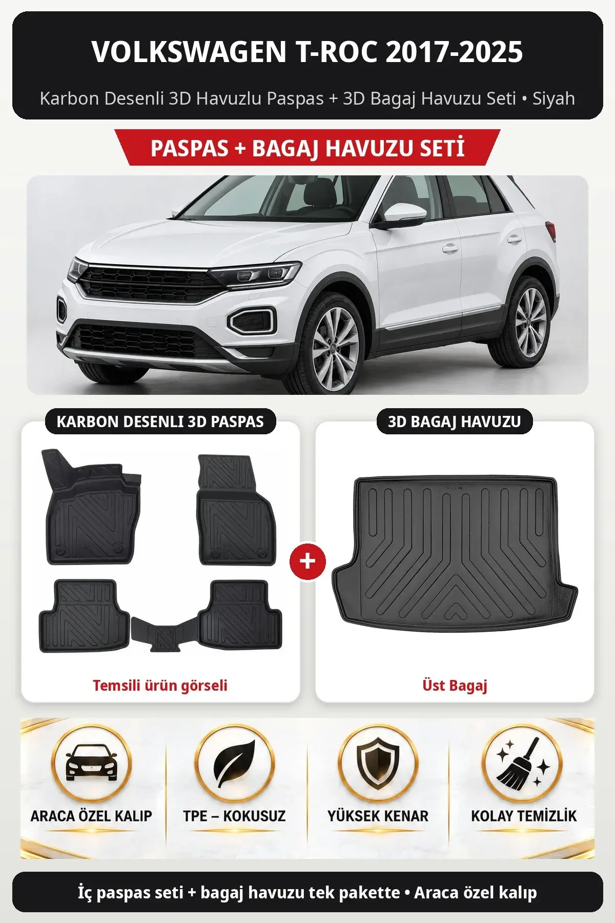 Volkswagen T-Roc 2017-2025 Karbon Desenli 3D Havuzlu Paspas + 3D Bagaj Havuzu Seti (Üst Bagaj) Siyah (1)