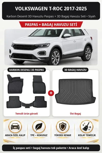 Volkswagen T-Roc 2017-2025 Karbon Desenli 3D Havuzlu Paspas + 3D Bagaj Havuzu Seti (Üst Bagaj) Siyah