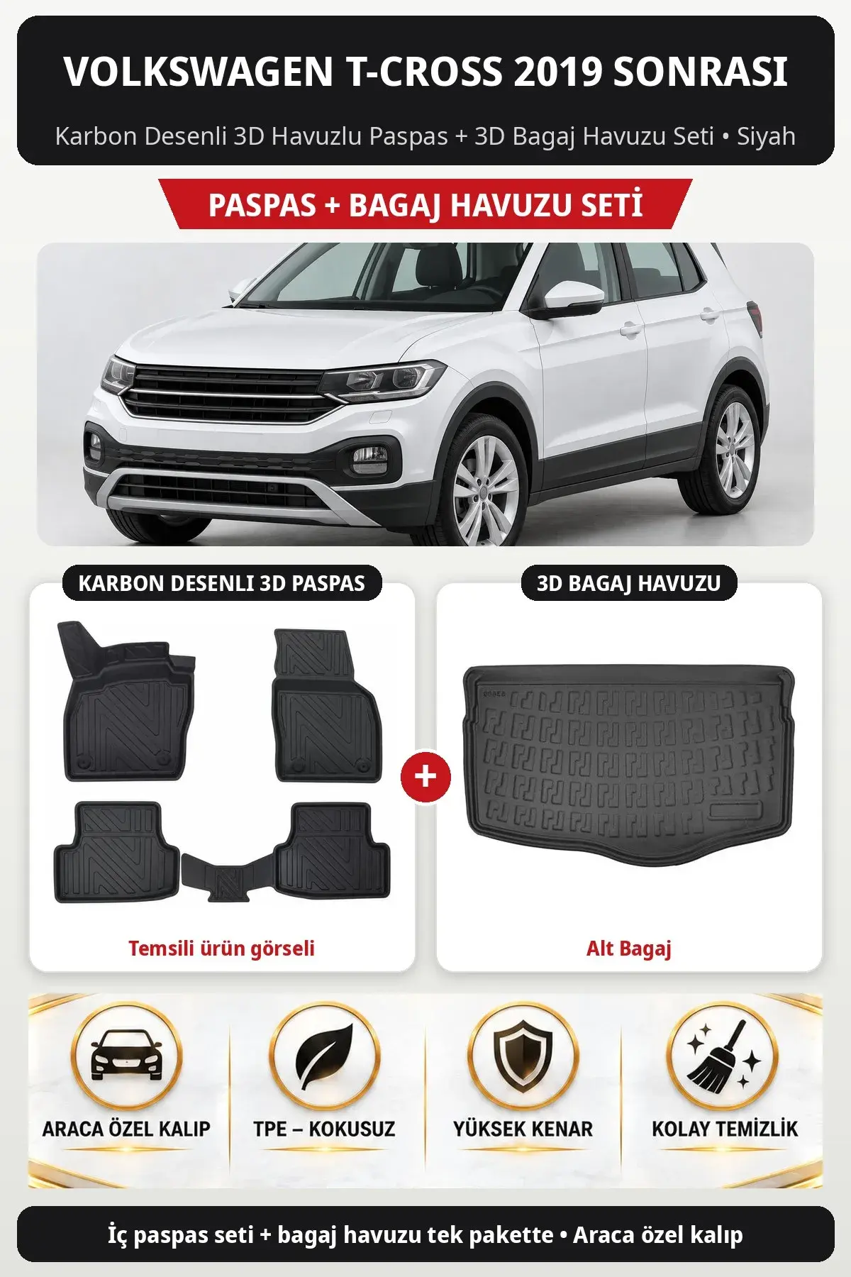 Volkswagen T-cross 2019 Sonrası Karbon Desenli 3D Paspas + Bagaj Havuzu Seti (Alt Bagaj) Siyah (1)