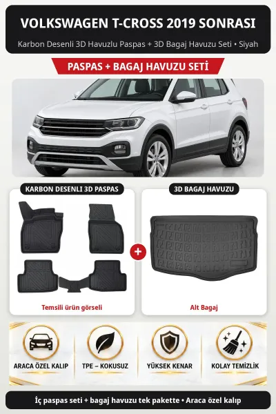 Volkswagen T-cross 2019 Sonrası Karbon Desenli 3D Paspas + Bagaj Havuzu Seti (Alt Bagaj) Siyah
