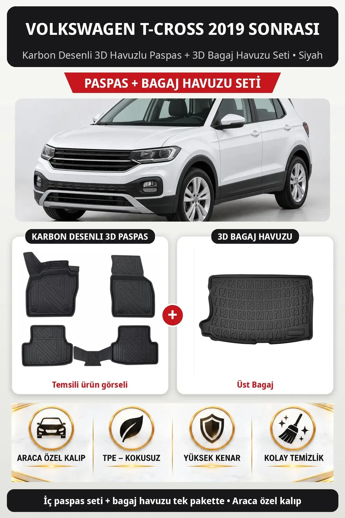 Volkswagen T-cross 2019 Sonrası Karbon Desenli 3D Paspas + Bagaj Havuzu Seti (Üst Bagaj) Siyah (1)
