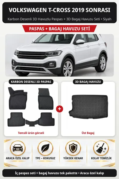 Volkswagen T-cross 2019 Sonrası Karbon Desenli 3D Paspas + Bagaj Havuzu Seti (Üst Bagaj) Siyah