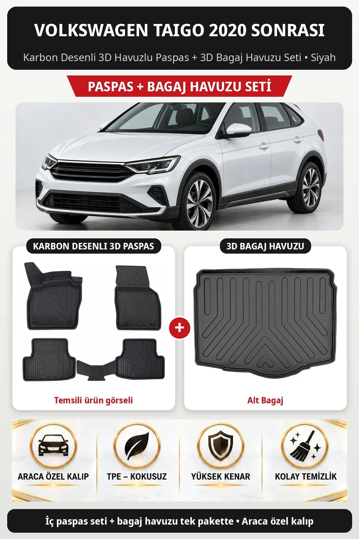 Volkswagen Taigo 2020 Sonrası Karbon Desenli 3D Paspas + Bagaj Havuzu Seti (Alt Bagaj) Siyah (1)