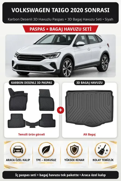 Volkswagen Taigo 2020 Sonrası Karbon Desenli 3D Paspas + Bagaj Havuzu Seti (Alt Bagaj) Siyah