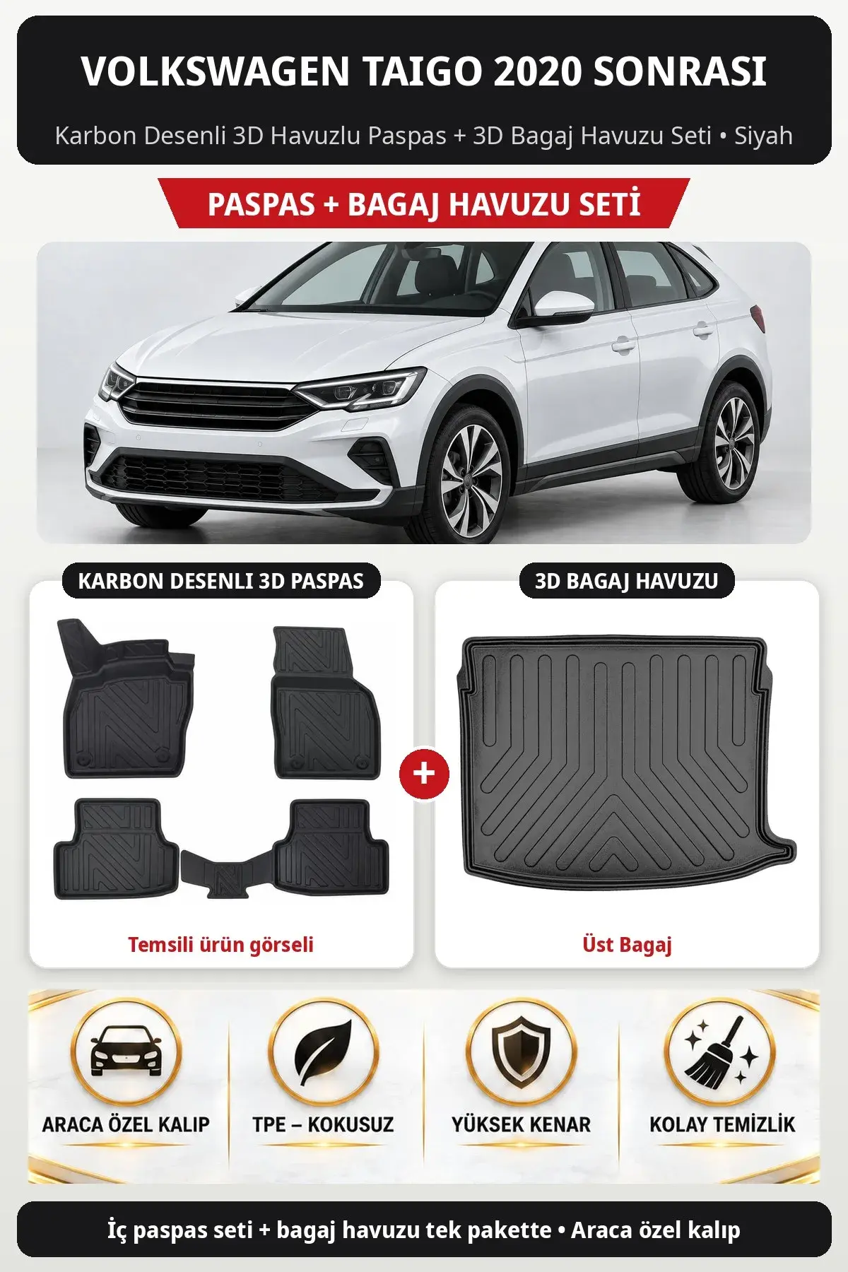 Volkswagen Taigo 2020 Sonrası Karbon Desenli 3D Paspas + Bagaj Havuzu Seti (Üst Bagaj) Siyah (1)