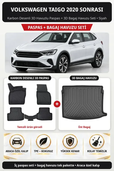 Volkswagen Taigo 2020 Sonrası Karbon Desenli 3D Paspas + Bagaj Havuzu Seti (Üst Bagaj) Siyah