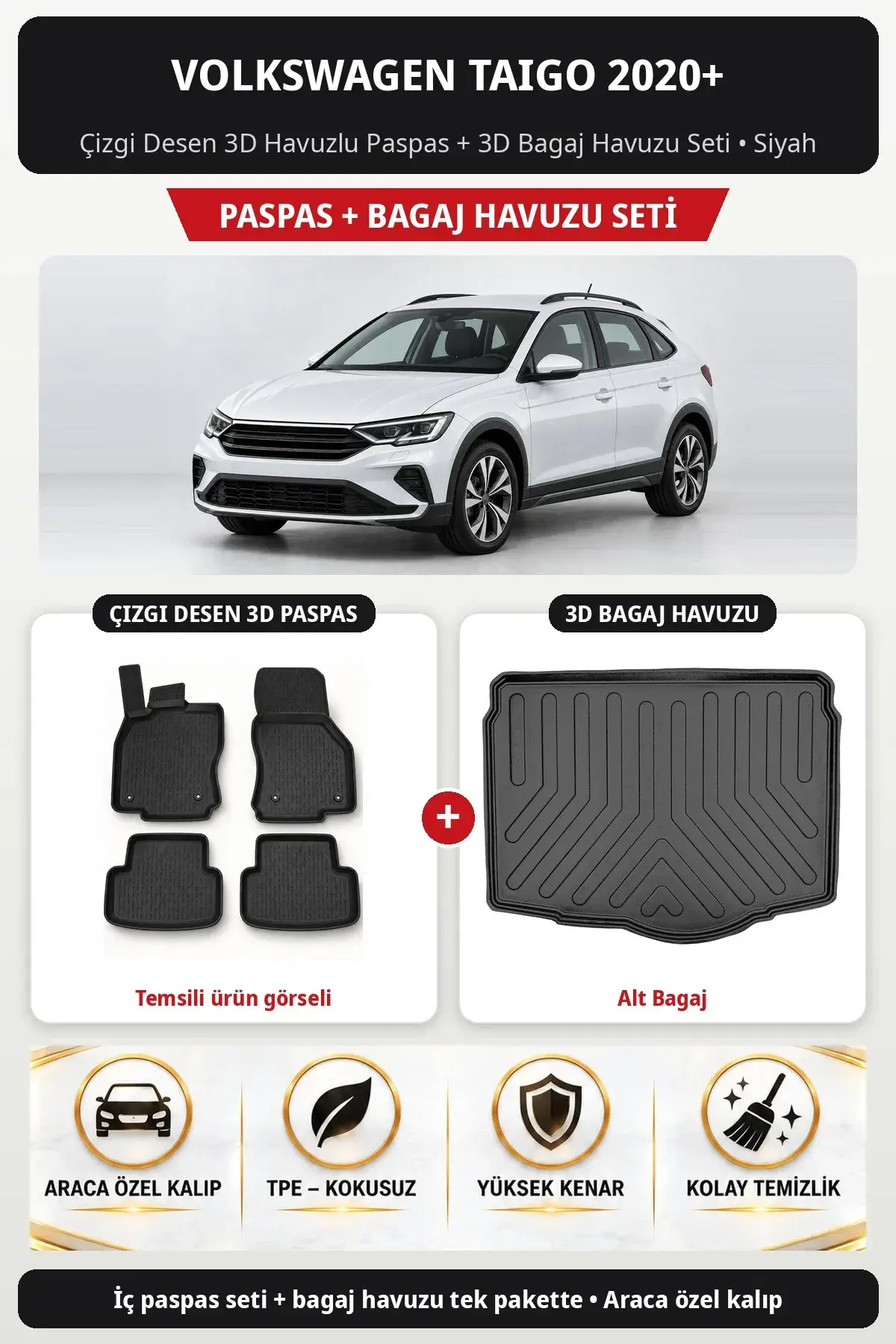 Volkswagen Taigo 2020+ Çizgi Desen 3D Havuzlu Paspas + 3D Bagaj Havuzu Seti (Alt Bagaj) Siyah (1)