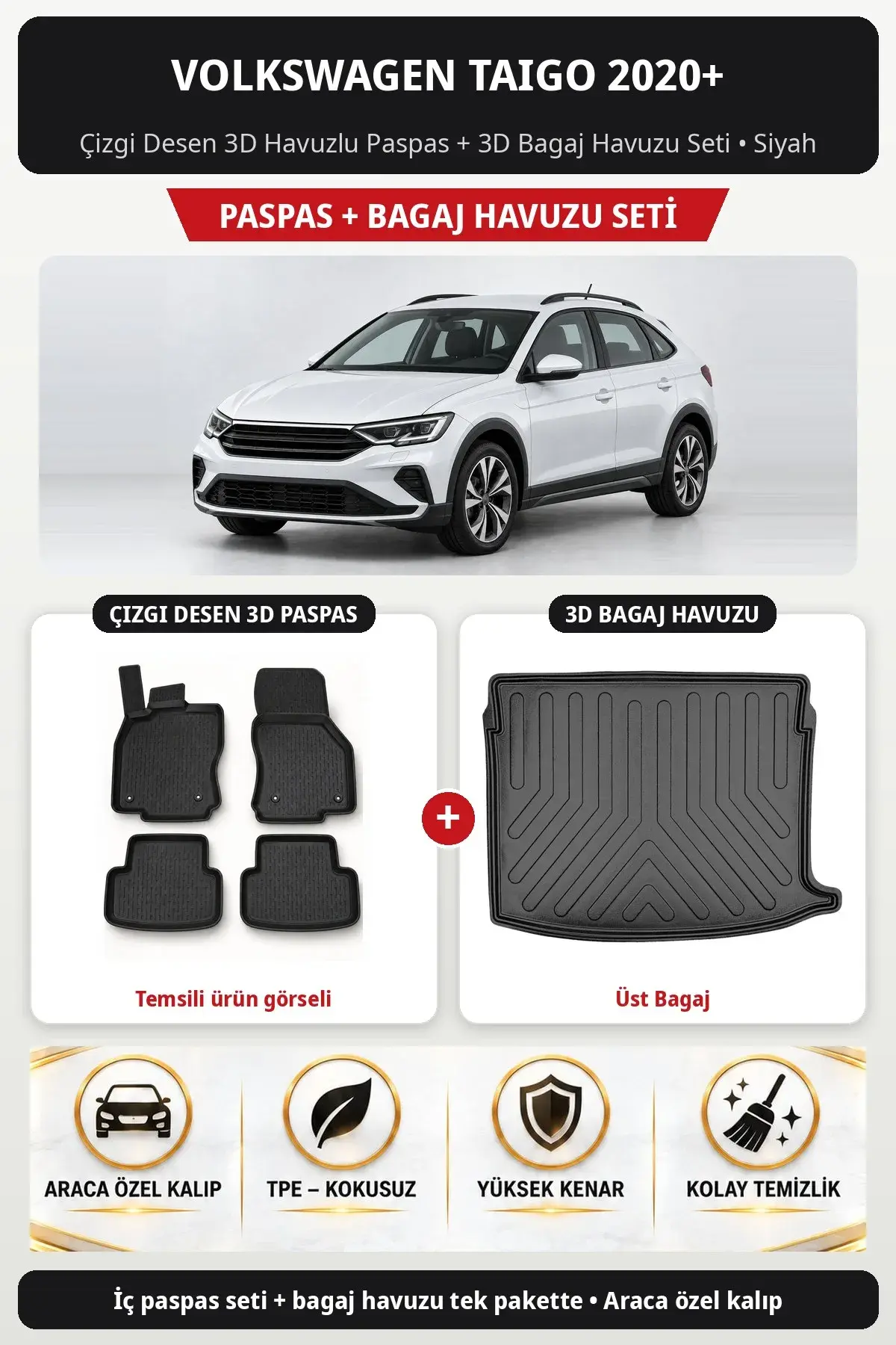Volkswagen Taigo 2020+ Çizgi Desen 3D Havuzlu Paspas + 3D Bagaj Havuzu Seti (Üst Bagaj) Siyah (1)