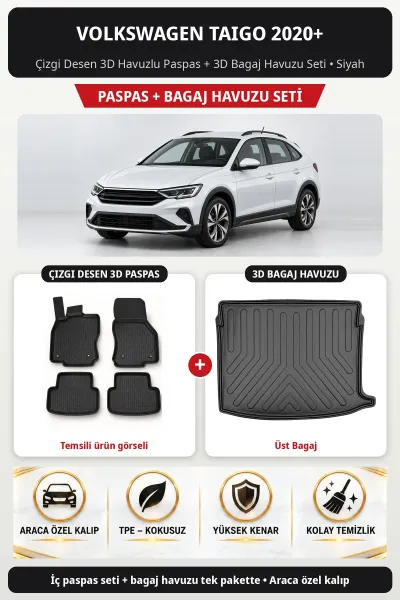 Volkswagen Taigo 2020+ Çizgi Desen 3D Havuzlu Paspas + 3D Bagaj Havuzu Seti (Üst Bagaj) Siyah