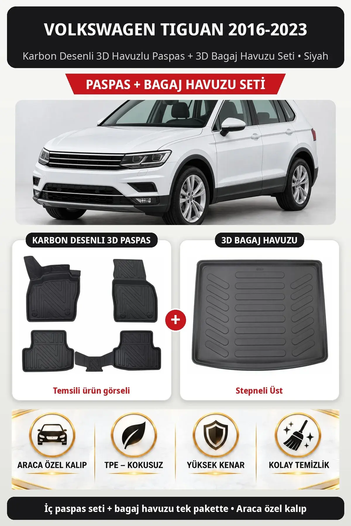 Volkswagen Tiguan 2016-2023 Karbon Desenli 3D Paspas + Bagaj Havuzu Seti (Stepneli Üst) Siyah (1)