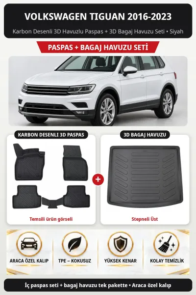 Volkswagen Tiguan 2016-2023 Karbon Desenli 3D Paspas + Bagaj Havuzu Seti (Stepneli Üst) Siyah