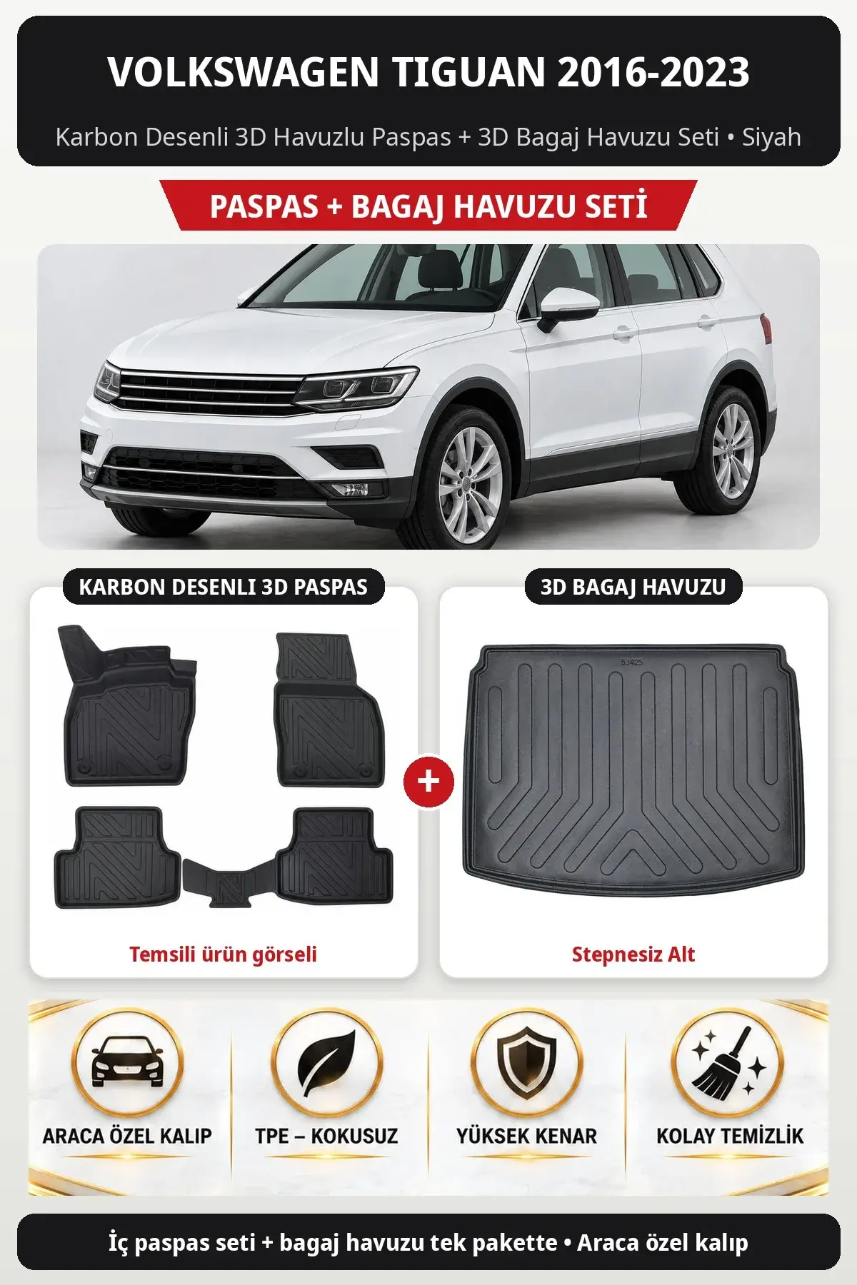 Volkswagen Tiguan 2016-2023 Karbon Desenli 3D Paspas + Bagaj Havuzu Seti (Stepnesiz Alt) Siyah (1)