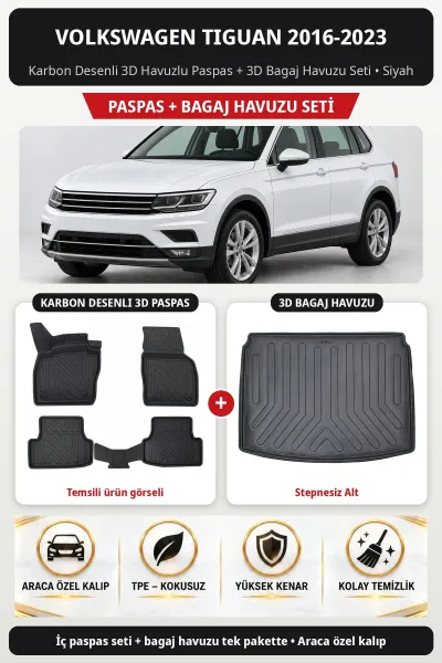 Volkswagen Tiguan 2016-2023 Karbon Desenli 3D Paspas + Bagaj Havuzu Seti (Stepnesiz Alt) Siyah