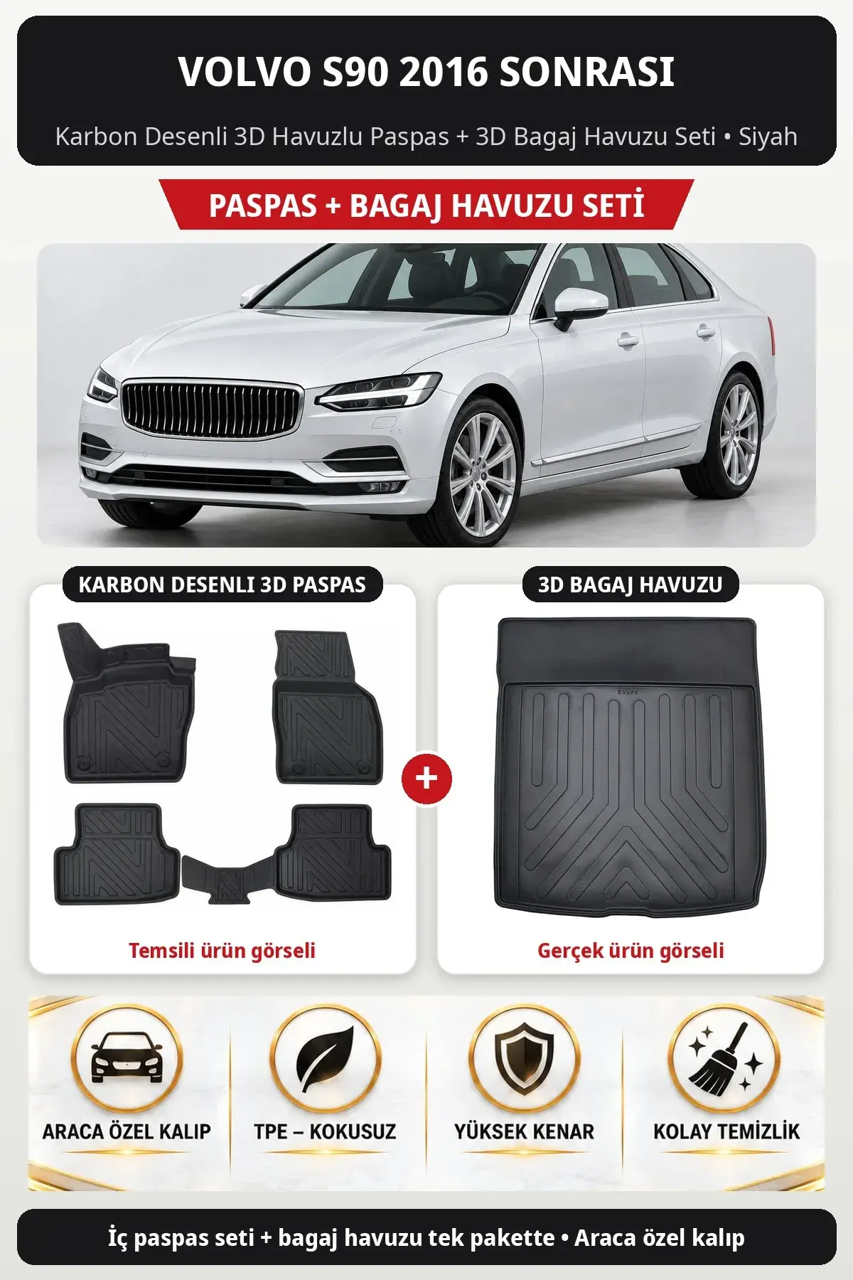 Volvo S90 2016 Sonrası Karbon Desenli 3D Havuzlu Paspas + 3D Bagaj Havuzu Seti Siyah (1)