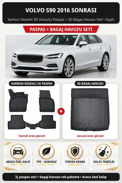 Volvo S90 2016 Sonrası Karbon Desenli 3D Havuzlu Paspas + 3D Bagaj Havuzu Seti Siyah