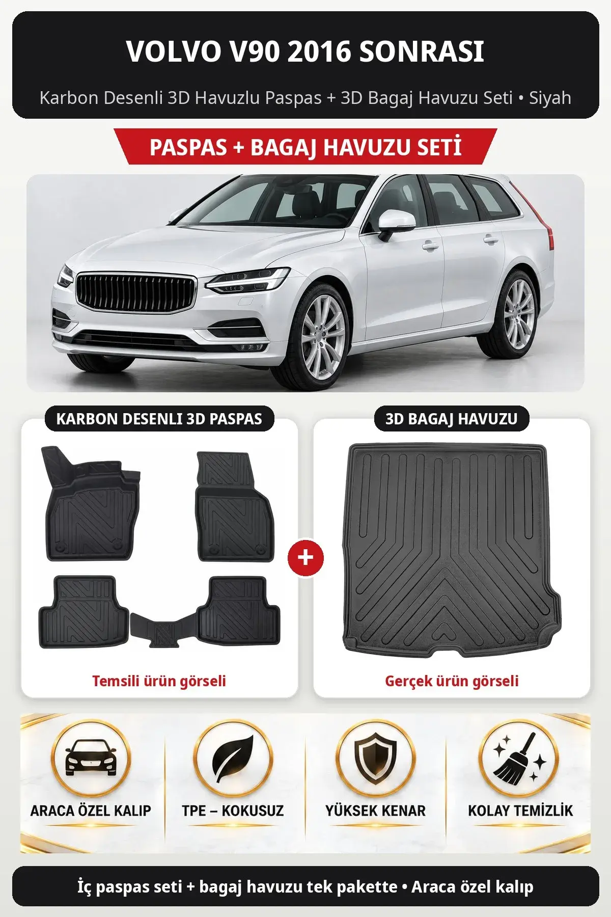 Volvo V90 2016 Sonrası Karbon Desenli 3D Havuzlu Paspas + 3D Bagaj Havuzu Seti Siyah (1)