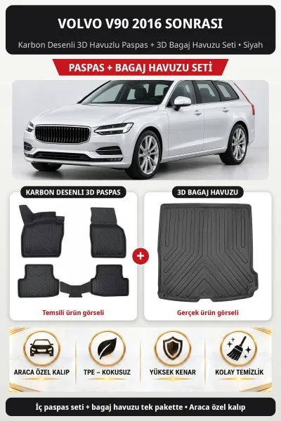 Volvo V90 2016 Sonrası Karbon Desenli 3D Havuzlu Paspas + 3D Bagaj Havuzu Seti Siyah