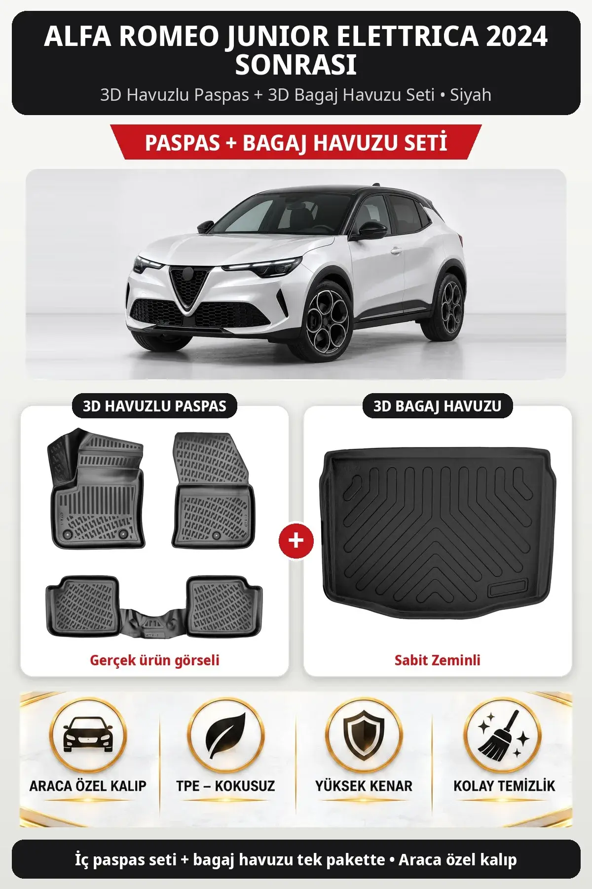 Alfa Romeo Junior Elettrica 2024 Sonrası 3D Paspas + Bagaj Havuzu Seti (Sabit Zeminli) Siyah (1)