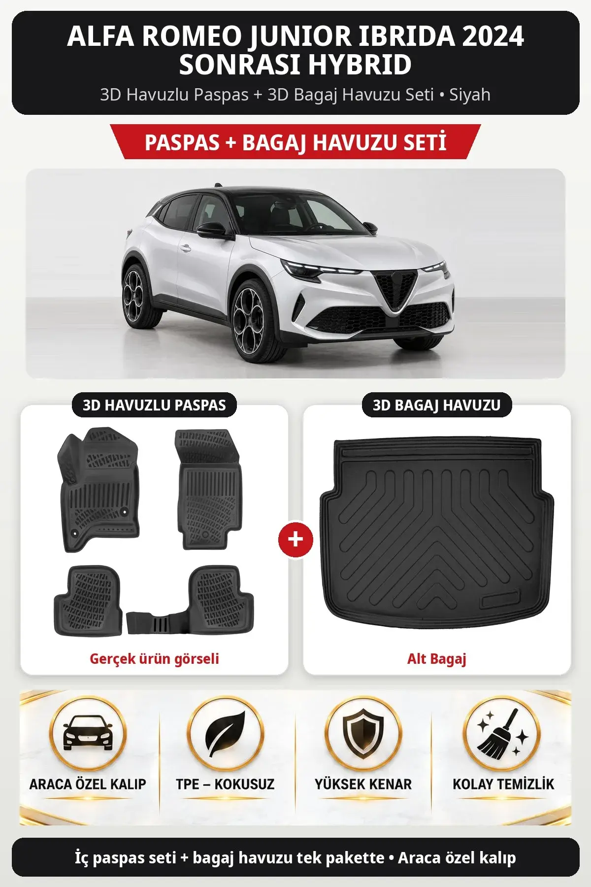 Alfa Romeo Junior Ibrida 2024 Sonrası Hybrid 3D Paspas + Bagaj Havuzu Seti (Alt Bagaj) Siyah (1)