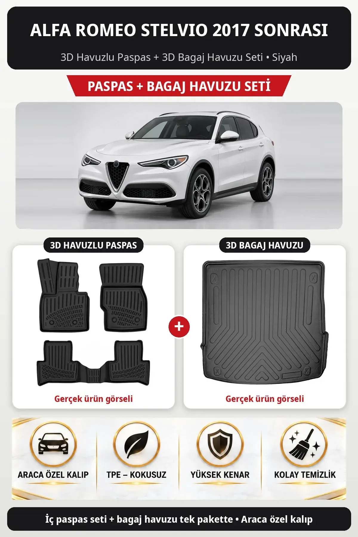 Alfa Romeo Stelvio 2017 Sonrası 3D Havuzlu Paspas + 3D Bagaj Havuzu Seti Siyah (1)