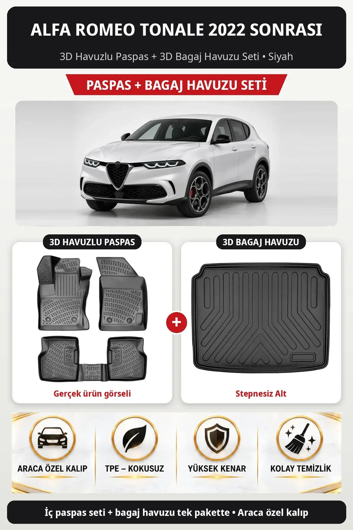 Alfa Romeo Tonale 2022 Sonrası 3D Havuzlu Paspas + 3D Bagaj Havuzu Seti (Stepnesiz Alt) Siyah (1)